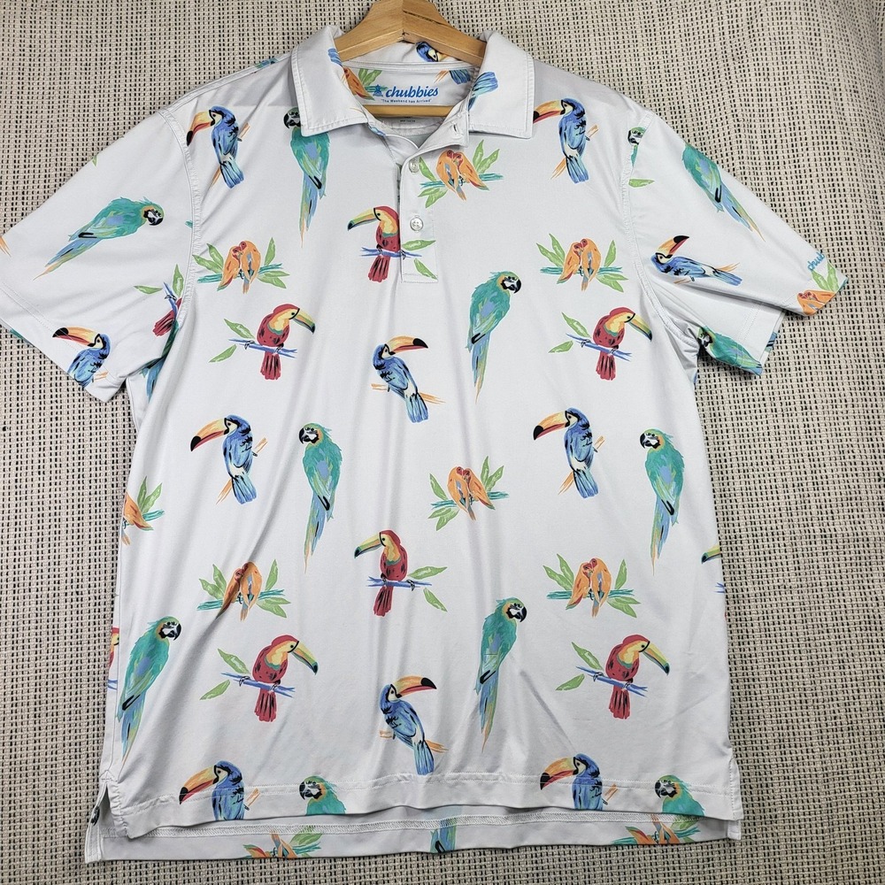 Chubbies Polo‎ Shirt Mens Medium White Parrot Toucan Tropical Bird Print Golf